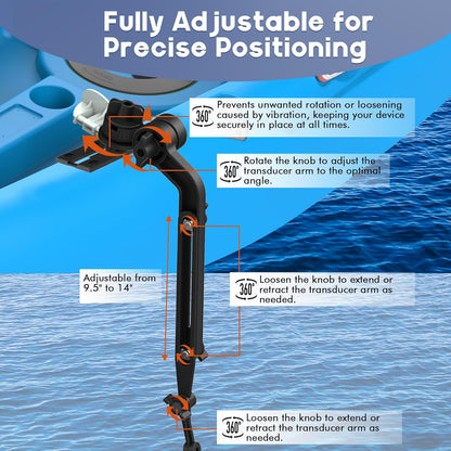 EDSRDPLT Universal Kayak Fish Finder Mount with Transducer Arm Adjustable 9–14” Tool-Free Rail Installation – Fish Finder Bracket for Kayaks, SUPs & Small Boats