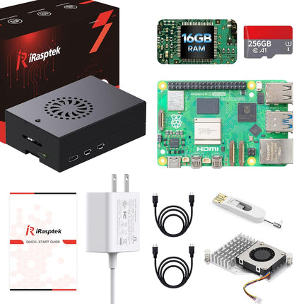 iRasptek Starter Kit for Raspberry Pi 5 RAM 16GB - 256GB Edition of OS-Bookworm Pre-Installed (Aluminum Case)