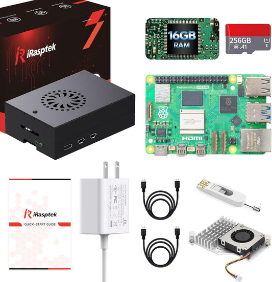 iRasptek Starter Kit for Raspberry Pi 5 RAM 16GB - 256GB Edition of OS-Bookworm Pre-Installed (Aluminum Case)