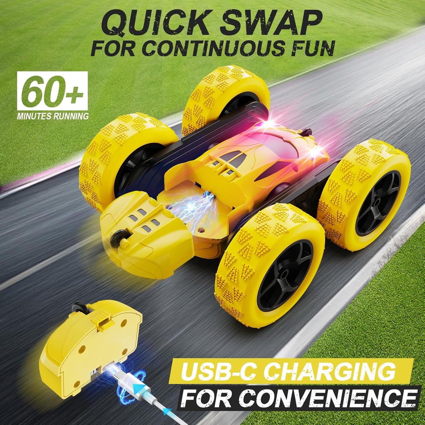 QUNREDA Remote Control Car for Kids Ages 6+, RC Cars Stunt Car Toy 4WD Double Sided 360° Rotating Remote Control with Headlights, Birthday Xmas Gifts for Boys 6 7 8 9 10 11 12 1-Blue
