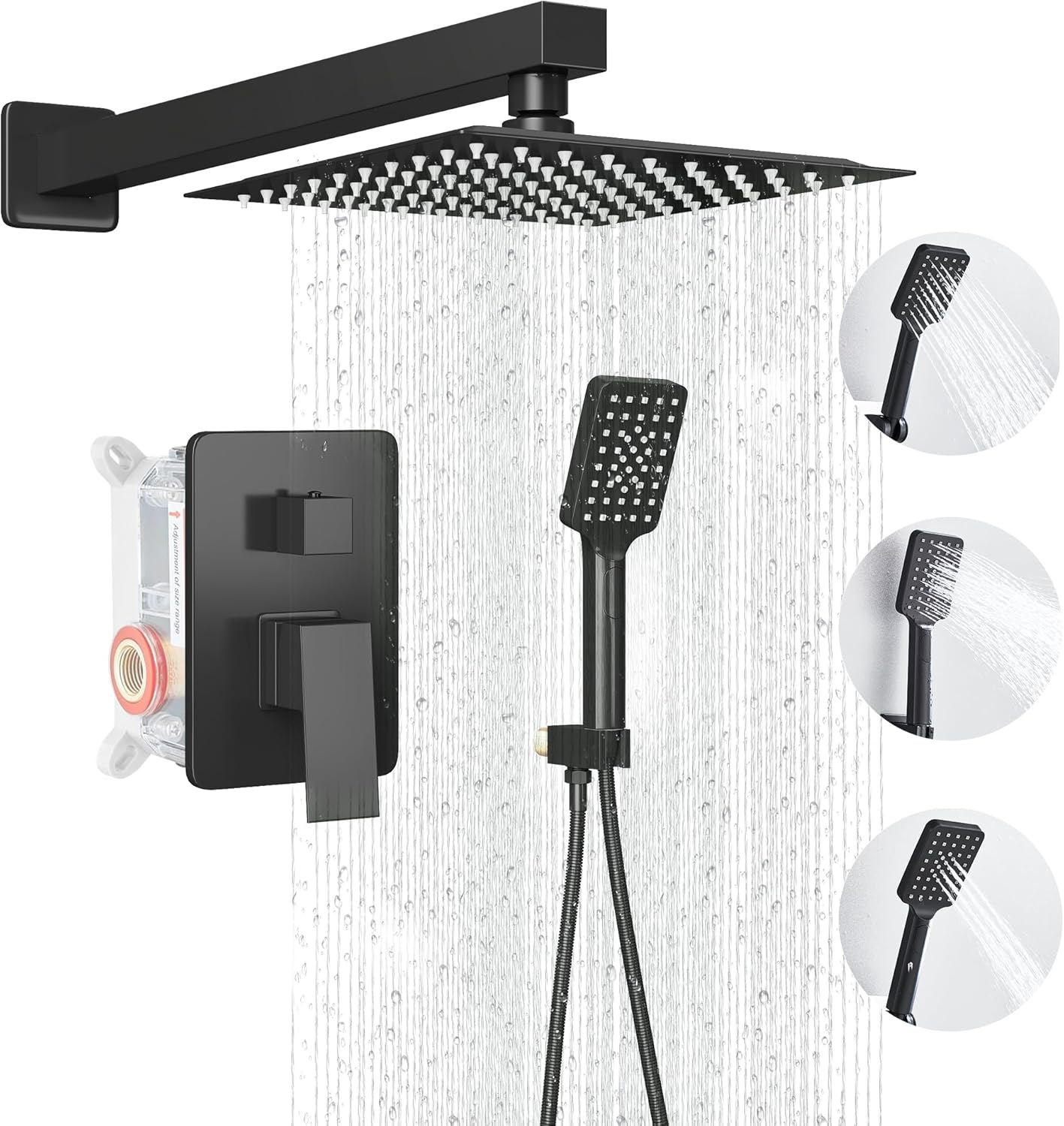 LCEVCGK Shower Faucet Set Complete Matte Black Shower System with 8 inch Square Rainfall Shower Head 3-Function Handheld Shower Waterfall Bathtub Spout Rain Shower Combo Set Bathroom Wall Mounted