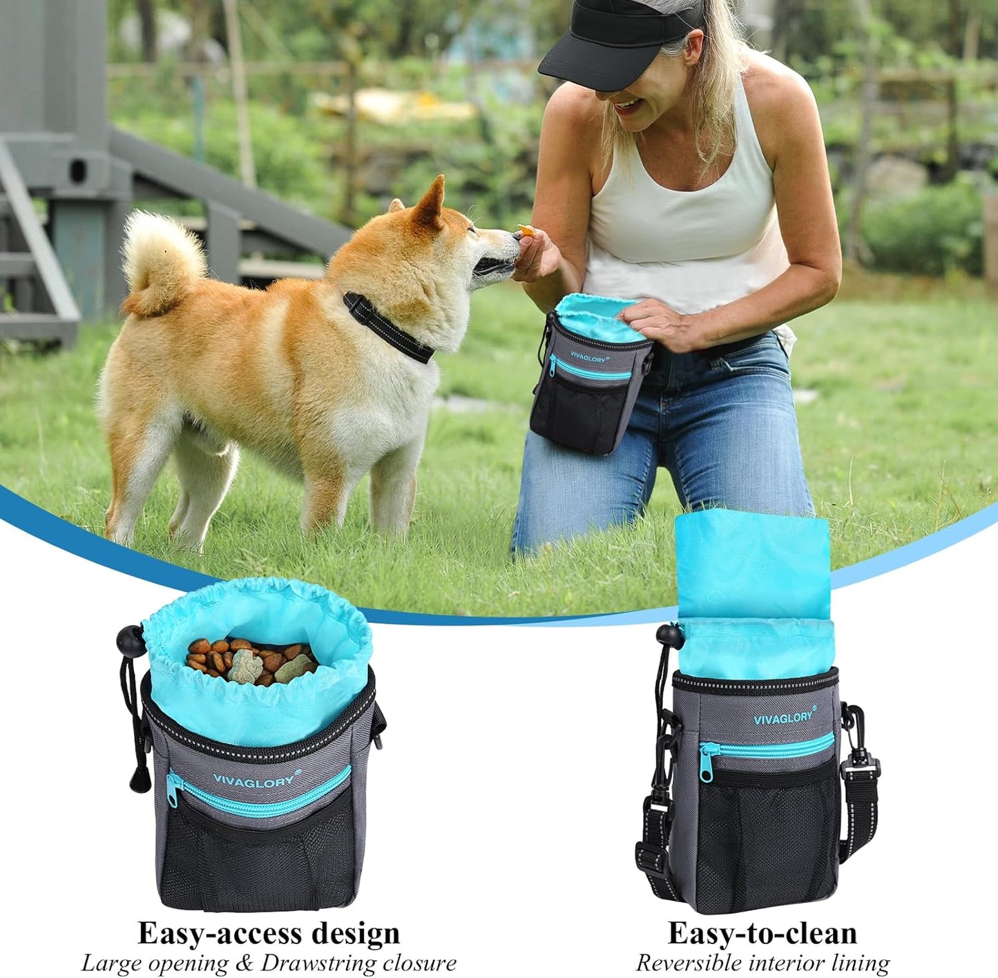 VIVAGLORY Dog Training Treat Pouch, 4Ways to Wear Dog Treat Bags, Built in Dog Waste Bag Dispenser Treats Training Bags with Reflective Adjustable Shoulder Strap, Heather Black