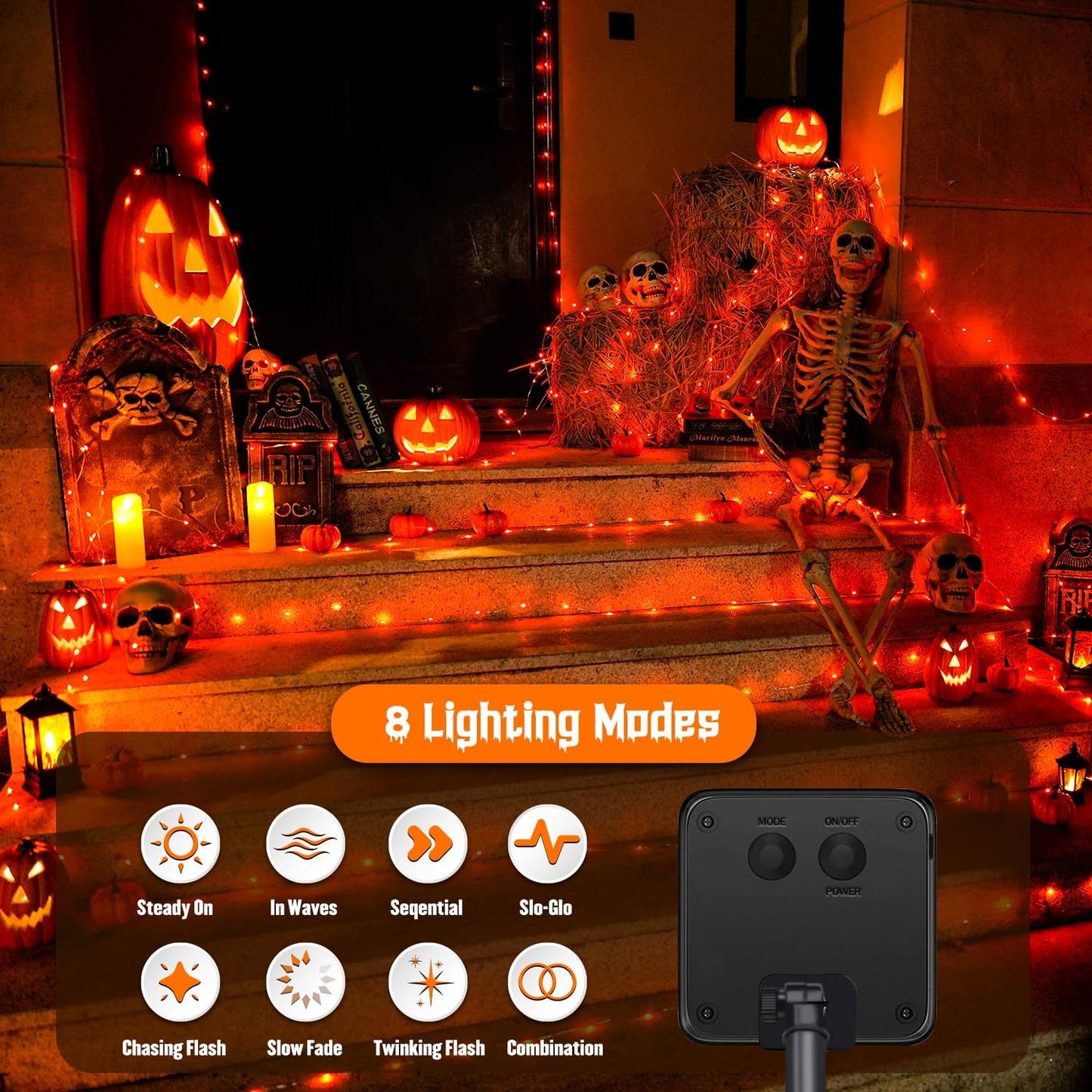 Solar Halloween Decoration Lights, JMEXSUSS 2 Pack 33FT 100 LED Orange and Purple Halloween String Lights, Halloween Lights with 8 Modes for Halloween Tree Yard Outdoor Spooky Party Garden Decorations