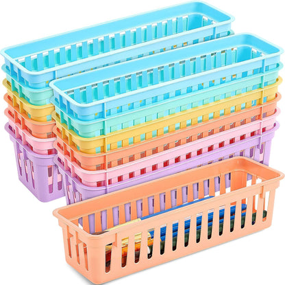 Domensi 24 Pcs Slim Plastic Storage Baskets 10.25 x 3.25 x 2.5 Inches Storage Bins White Drawer Organizer Trays Pencil Holder for Desk Pen Baskets Tray Classroom Garage Containers Supplies (White)