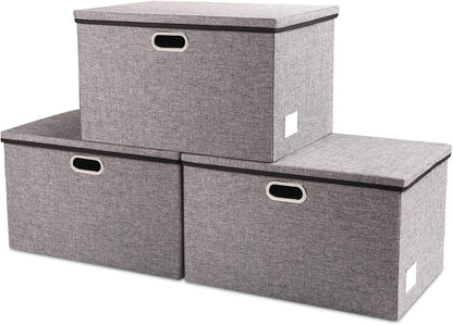 PRANDOM Large Foldable Storage Bin with Lid [1-Pack] Linen Fabric Decorative Storage Box Organizer Containers Basket Cube with Handles Divider for Bedroom Closet Office Living Room (17.7x11.8x11.8")