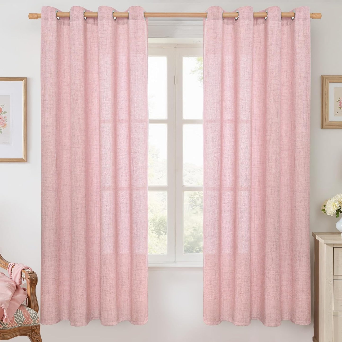 YoungsTex Natural Linen Curtains 84 Inch Long for Living Room Bedroom Grommet Top Light Filtering Privacy Linen Textured Window Semi Sheer Drapes, 2 Panels, 52x84 Inch, Natural