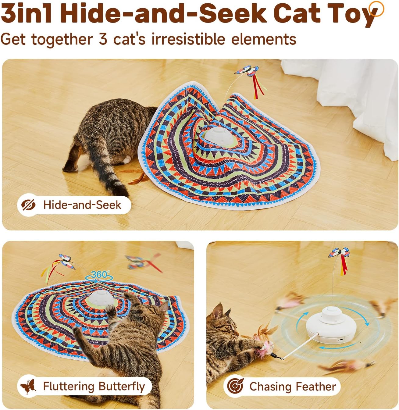 Potaroma Cat Toys Chargeable, 3in1 Hide and Seek for Kittens, Interactive Automatic Play, Fluttering Butterfly, Moving Wand Feather, Indoor Kitty Exercise 22.8 Inch Cover for All Breeds