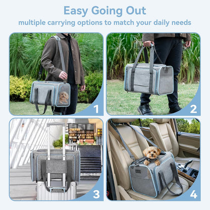 Petsfit Expandable Cat Dog Carrier Airline Approved, 17" L x 11" W x 11" H Soft-Sided Portable Pet Travel Carrier for Kitten, Puppy, Removable Soft Plush Mat and Pockets, Auto-Locking Zippers