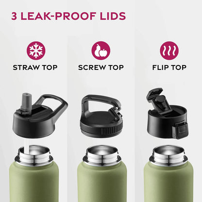 FineDine Water Bottle - Stainless Steel Insulated Water Bottle with Straw Lid, Flip Lid & Wide-Mouth Cap - Keeps Hot and Cold - 25 Oz / 739ml - Pure Pearly White