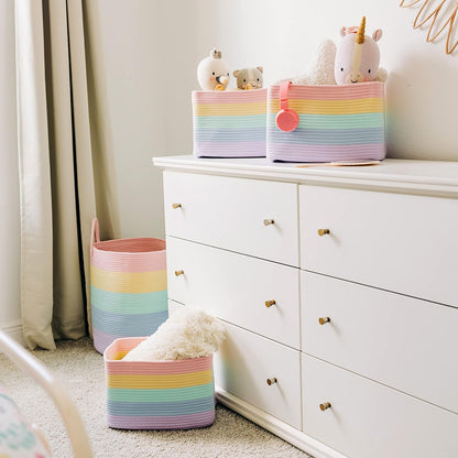 OrganiHaus Soft Woven Baskets for Storage Organization Set of 3, Cotton Rope Nursery Storage Baskets for Shelves, Square Book Bins, Bathroom Towel Hamper, Dog Toy Bins, Panier Rangement - Light Honey