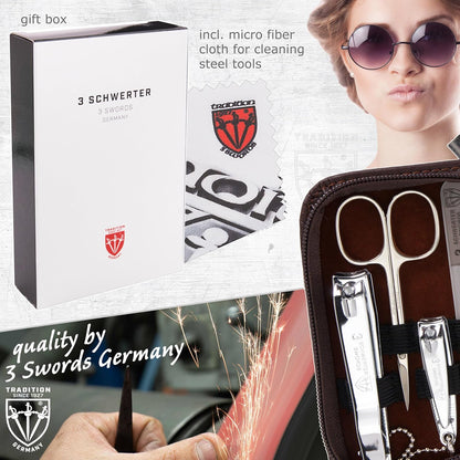 3 Swords Germany - brand quality 8 piece manicure pedicure grooming kit set for professional finger & toe nail care scissors clipper fashion leather case camou in gift box, Made in Germany