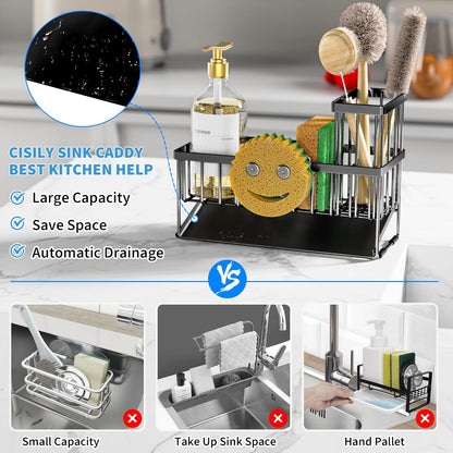 Cisily Kitchen Sink Caddy Organzier with High Brush Holder, Sponge Holder for Sink, 304 Rustproof Stainless, Kitchen Countertop Soap Dispenser Organizer, Kitchen Decor and Accessories (Black)
