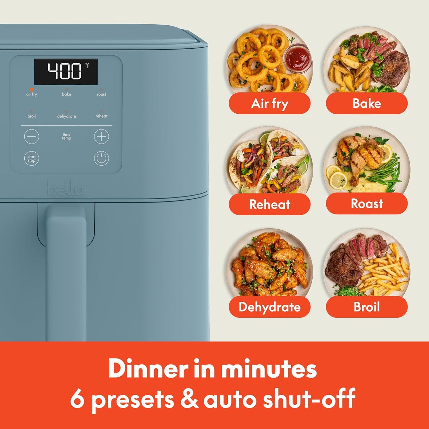 bella 4Qt Slim Air Fryer, Fits-anywhere Kitchenware, EverGood Ceramic Nonstick Coating, Adjustable Temperature, 6 Preset Cooking Options, 60 Min Auto Shutoff w Audible Tone, 3.3lb Capacity, Surf
