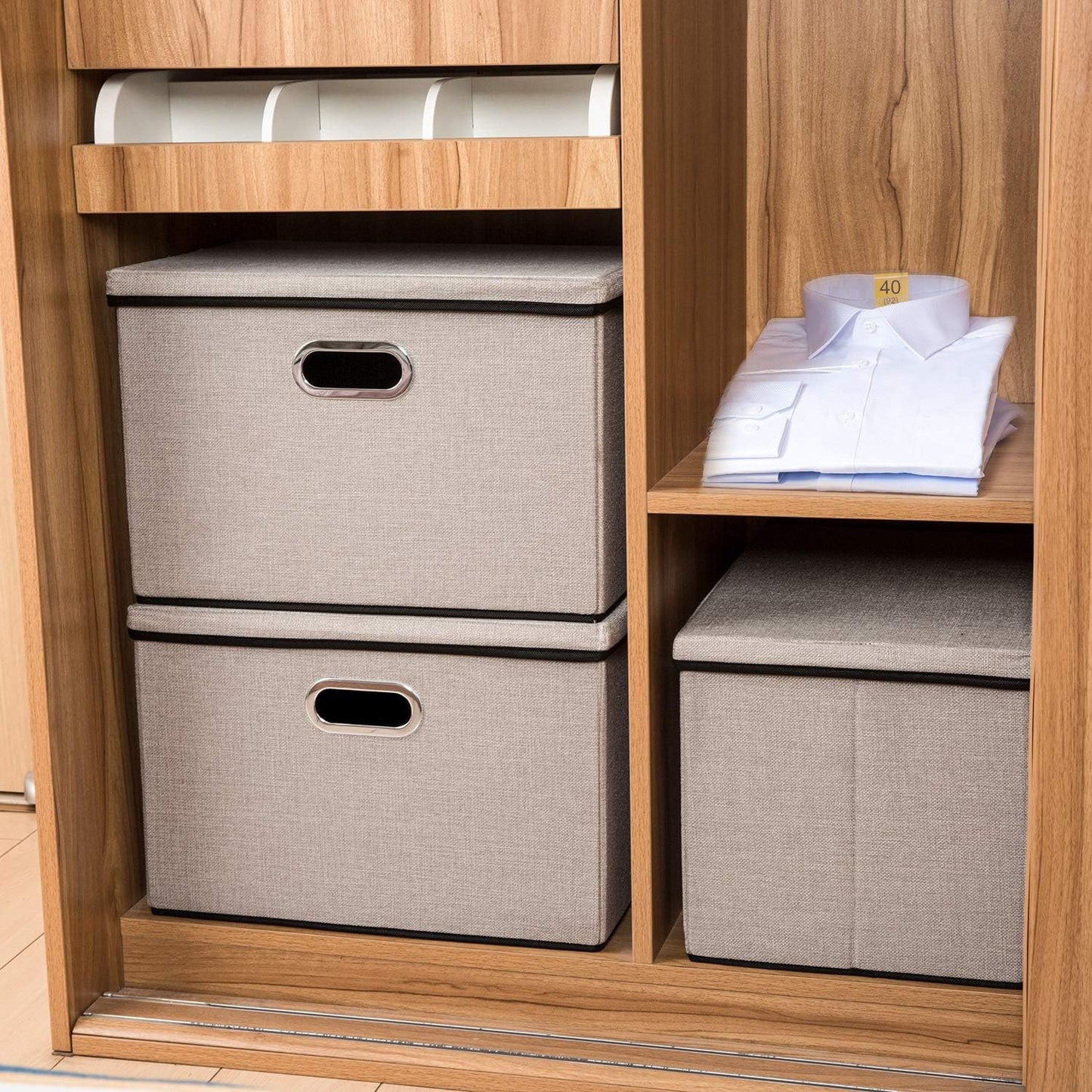 PRANDOM Large Foldable Storage Bin with Lid [1-Pack] Linen Fabric Decorative Storage Box Organizer Containers Basket Cube with Handles Divider for Bedroom Closet Office Living Room (17.7x11.8x11.8")