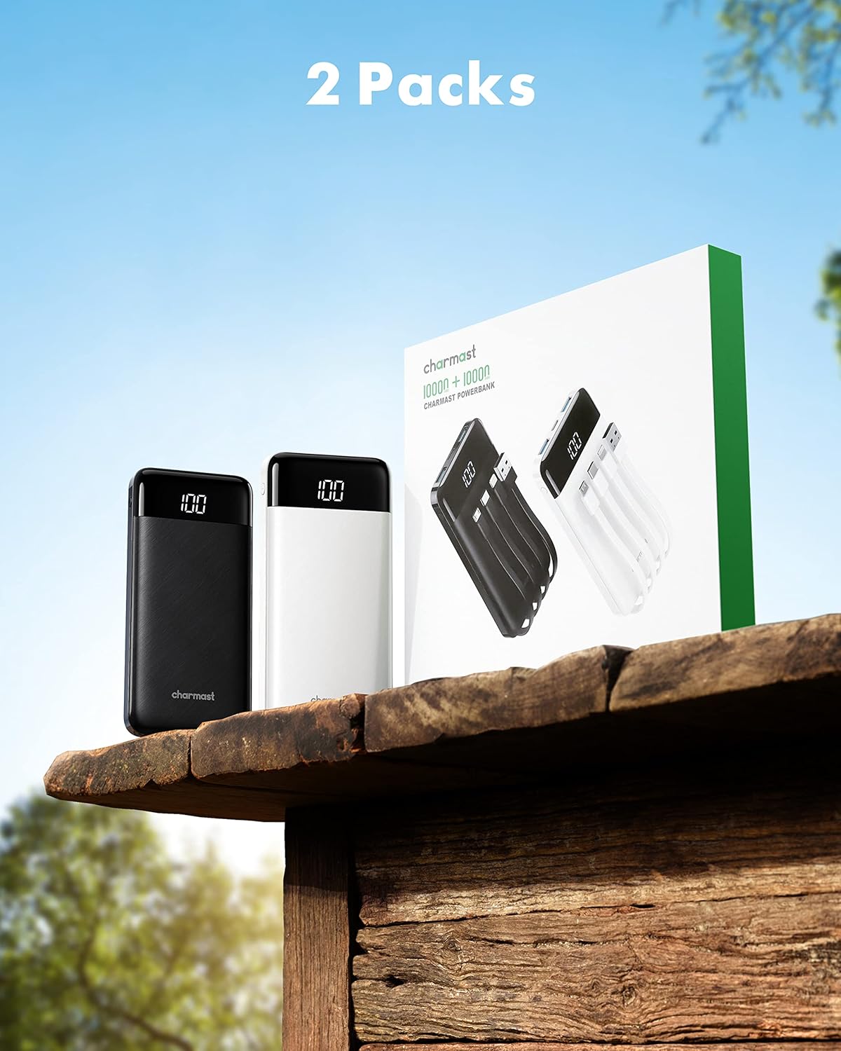 Charmast 2 Pack of Portable Chargers with Built in Cables, 2PCS Slim 10000mAh Travel Essentials Battery Pack 6 Outputs 3A Power Banks for iPhone Samsung Pixel LG Moto iPad (Black + White)