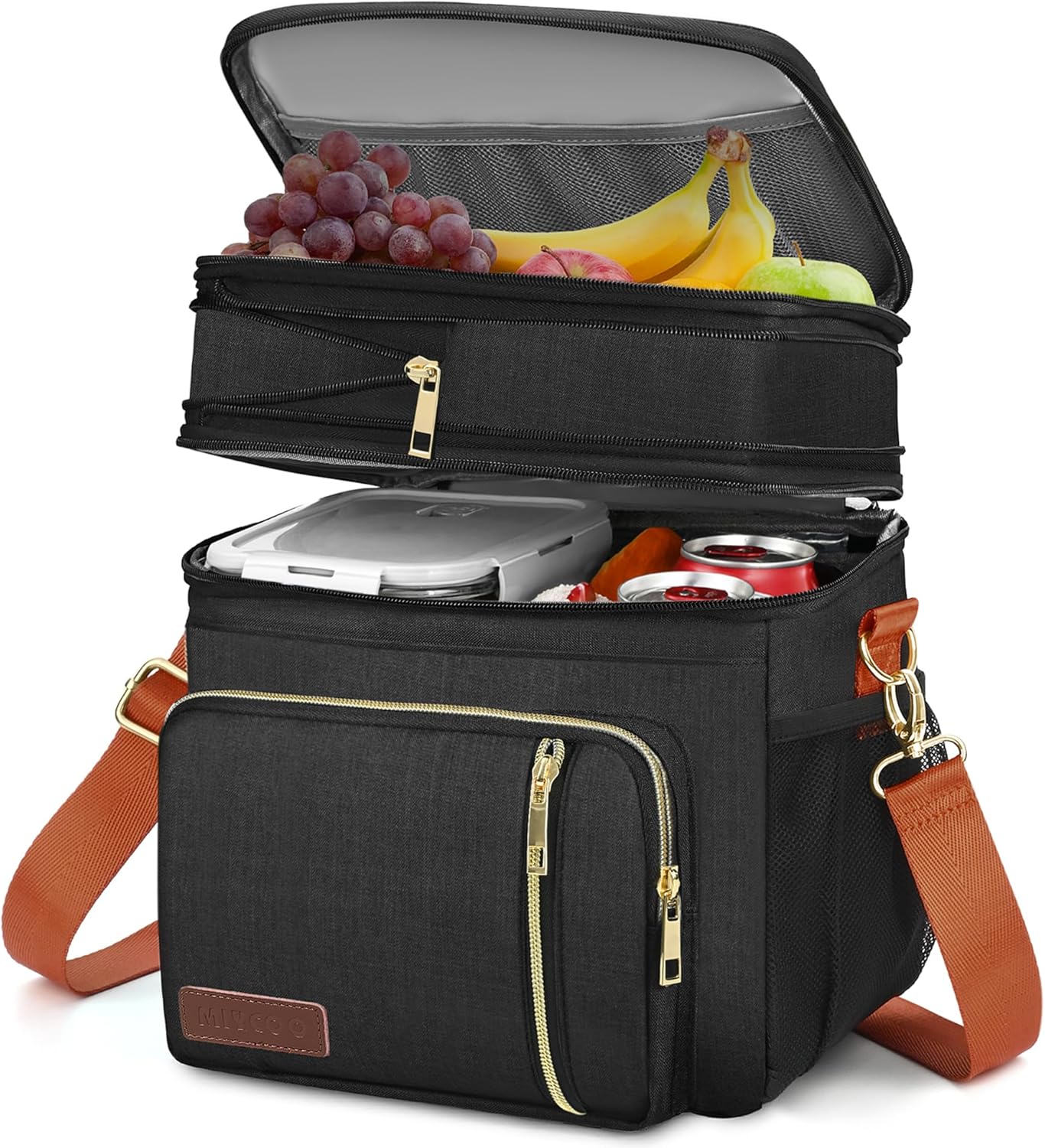 Lunch Bag for Women Men Double Deck Lunch Box - Leakproof Insulated Soft Large Lunch Cooler Bag, MIYCOO (Black,15L)