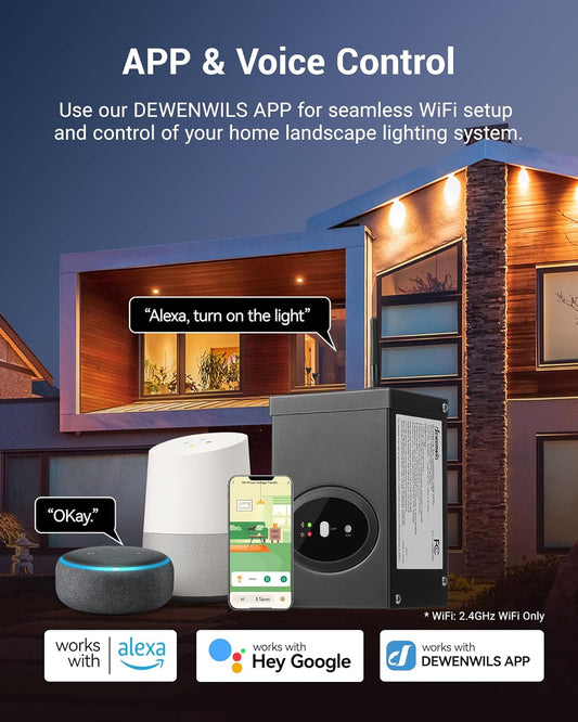 DEWENWILS 300W Smart Wi-Fi Low Voltage Transformer, Schedule and Timer, Compatible with Alexa and Google Home, 120V AC to 12V AC, Weatherproof for Landscaping Light, Spotlight, Pathway Light - PuriLite