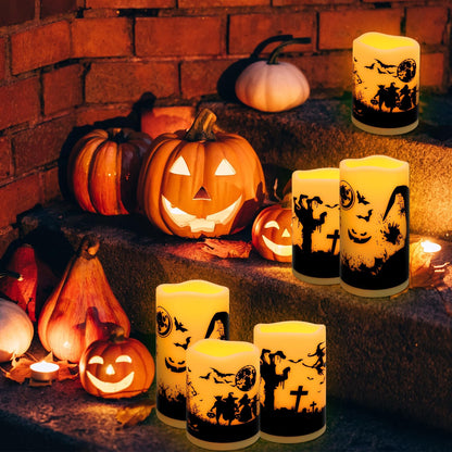 6 Pack Halloween LED flameless Candles, Featuring a timed Remote Control,Perfect for Trick-or-Treating LED Candles，Halloween Spooky.