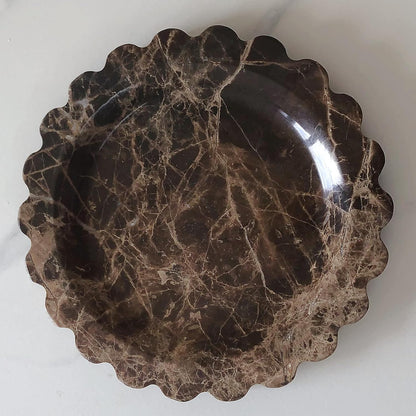 SAIDKOCC Marble Tray Round Scalloped Tray Small Serving Platter for Counter, Bathroom, Kitchen, Nightstand, Jewelry Ring Dish Holder (Coffee Net)