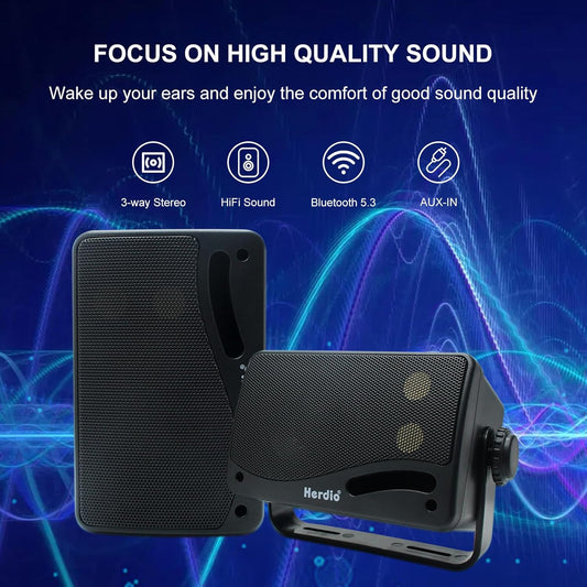 Herdio 3.5" Outdoor Bluetooth Speakers Waterproof, 200W 3 Way Upgrade Premium Wall Mount Speakers, Durable Mountable Loud Sound System for Patio Indoor Deck Garage (Black Pair) - PuriLite