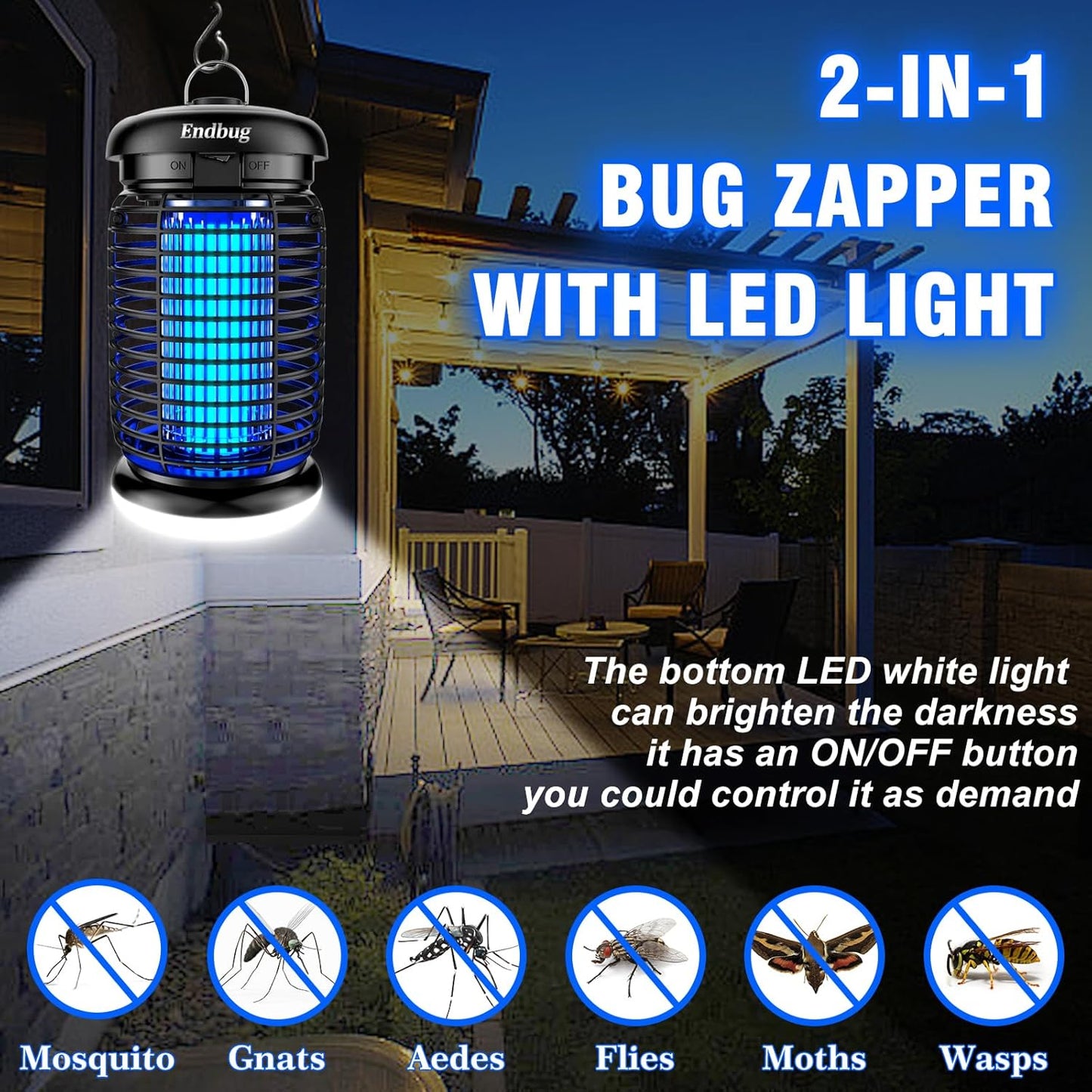 Endbug Bug Zapper Outdoor with LED Light, Mosquito Zapper Outdoor, 4200V Electric Bug Zapper, 5ft Power Cord, IPX6 Waterproof Fly Trap, 2-in-1 Fly Zapper Indoor for Patio Garden Backyard Home, Plug in