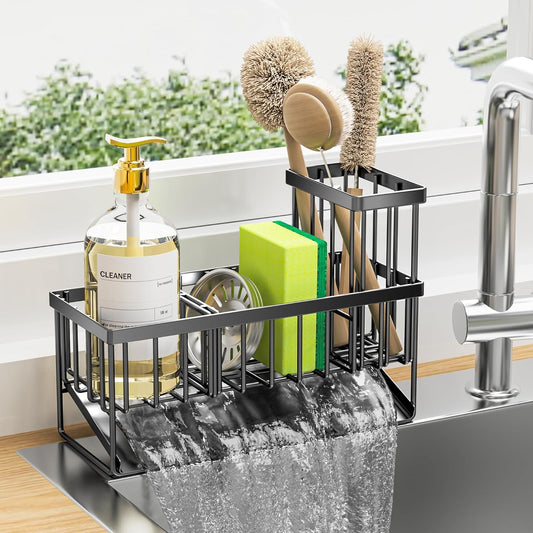 Cisily Kitchen Sink Caddy Organzier with High Brush Holder, Sponge Holder for Sink, 304 Rustproof Stainless, Kitchen Countertop Soap Dispenser Organizer, Kitchen Decor and Accessories (Black)