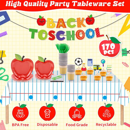 Mostop 100 Pcs Back to School Disposable Tableware Set Preschool Graduation Party Decoration Apple Paper Plate Pencil Cup and Napkins for 25 Guest First Day of School Supplies
