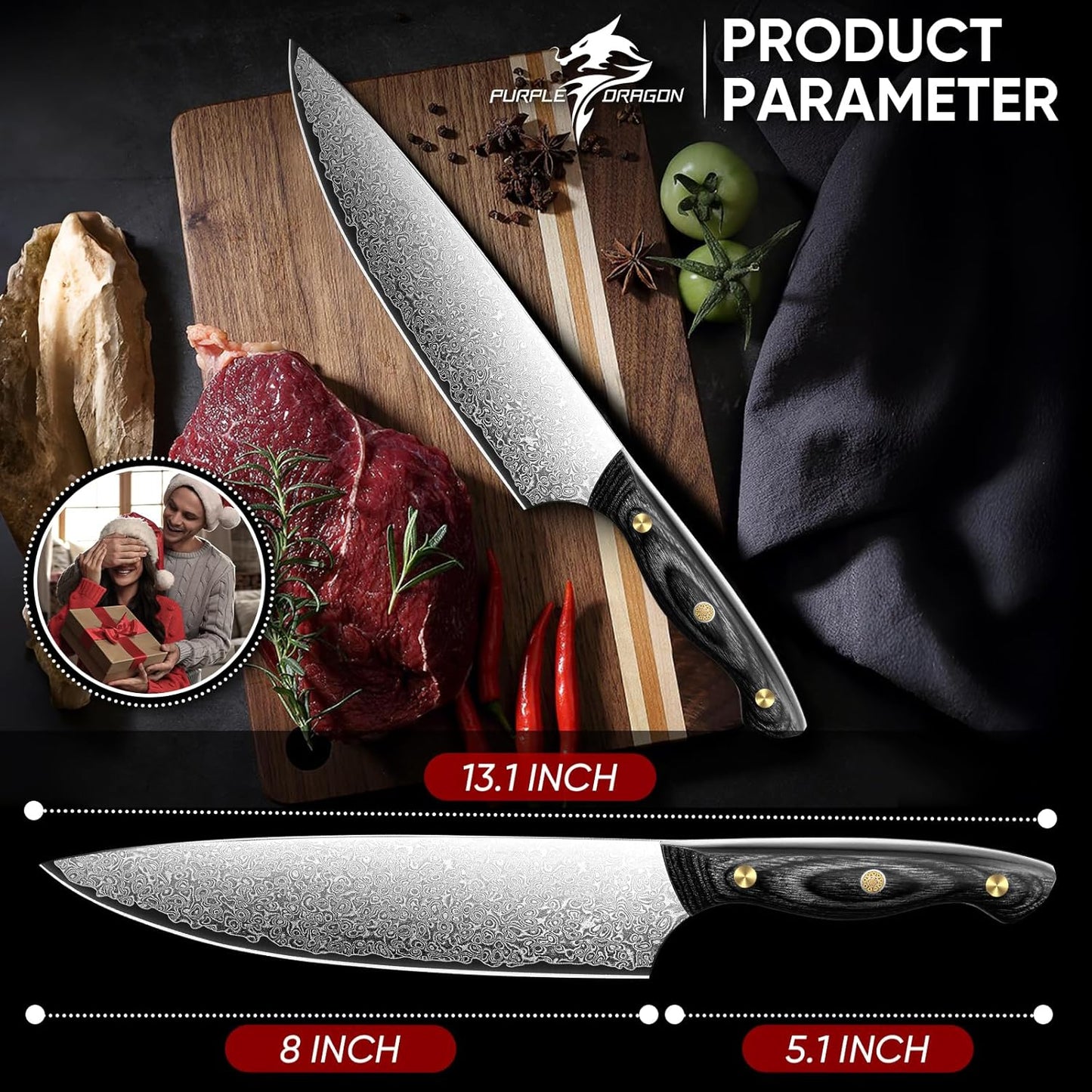 Purple Dragon Damascus Fish Fillet Knife - 7 inch Flexible Boning Knife with VG10 Core, Kitchen Slicing Knife with Full Tang Handle, Birthday Dad Mom Gift