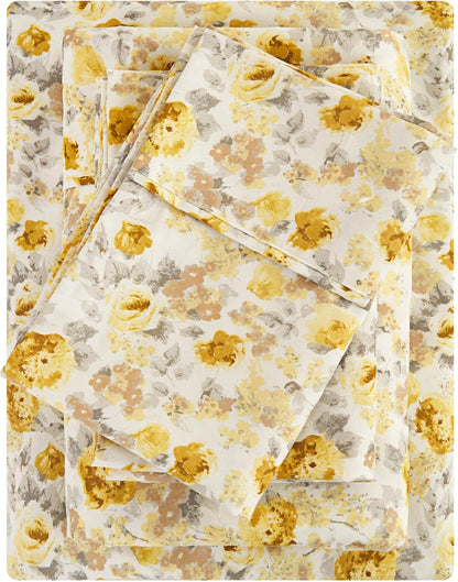 Viviland Floral Queen Sheet Set - 4 Piece Vintage Pink & Yellow Flower Patterned Bed Sheets - Soft, Breathable Microfiber Sheets with Deep Pocket, Non-Slip Fitted Sheets & Pillowcases