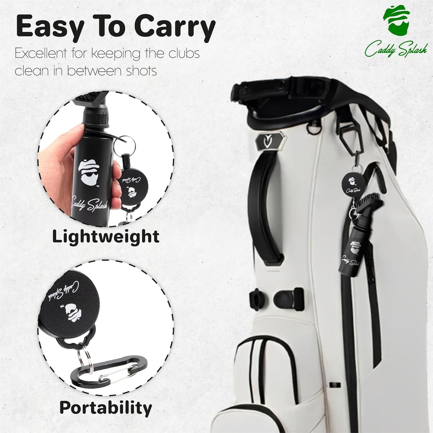 Caddy Splash Golf Water Brush – Retractable Nylon-Bristle Club Cleaner with Anti-Leak Reservoir, Squeeze Bottle Design, 18" Retractor Clip, Wide Cleaning Coverage, Lightweight & Portable – 7.5" Holds 4 oz – Black