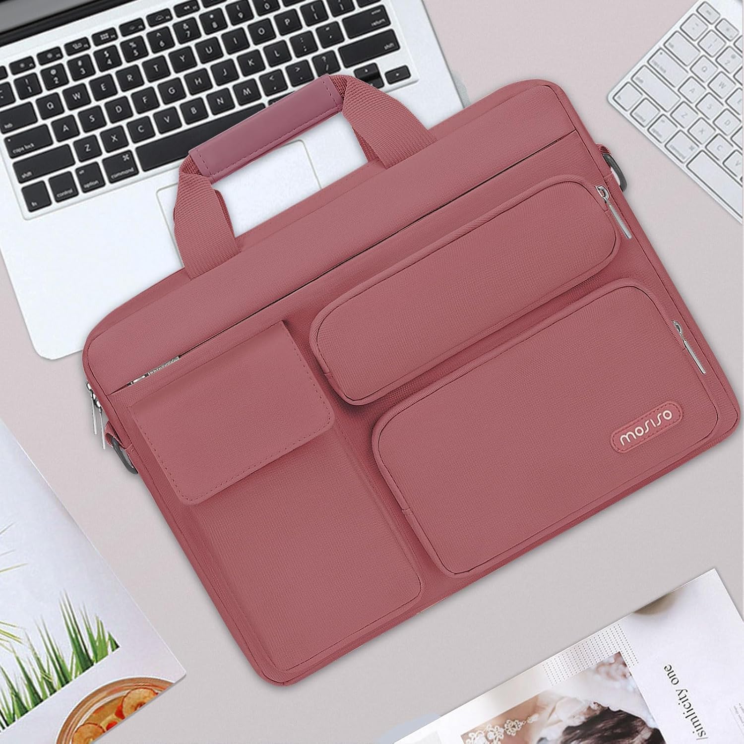 MOSISO Laptop Bag 16 inch, 15-15.6 inch Computer Shoulder Bag Compatible with MacBook Air 15 M4 M3 M2/Pro 16 M4 M3 M2 M1, Notebook &2 Raised&1 Flapover&1 Horizontal Pocket&Handle&Belt, Pink - PuriLite