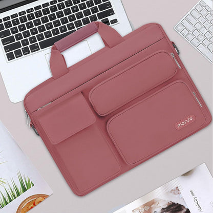MOSISO Laptop Bag 16 inch, 15-15.6 inch Computer Shoulder Bag Compatible with MacBook Air 15 M4 M3 M2/Pro 16 M4 M3 M2 M1, Notebook &2 Raised&1 Flapover&1 Horizontal Pocket&Handle&Belt, Pink - PuriLite