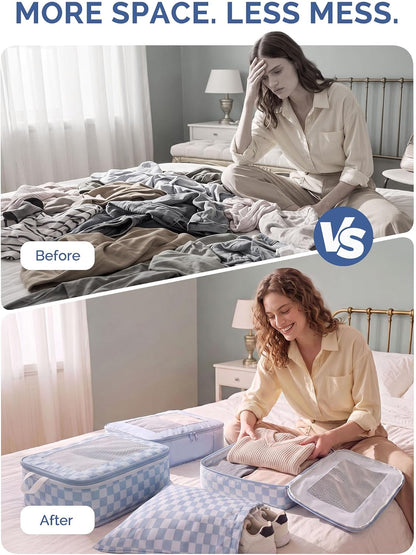 HOMESPON 7 Pcs Compression Packing Cubes for Travel, Blue Checkerboard