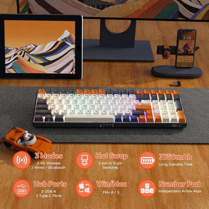 RK ROYAL KLUDGE RK100 Wireless Mechanical Keyboard, Bluetooth5.1/2.4G/Wired 96% Full Size 100-Key Hot Swappable Gaming Keyboard with 3 USB Ports, Blue Switch for Mac Windows, Carbon