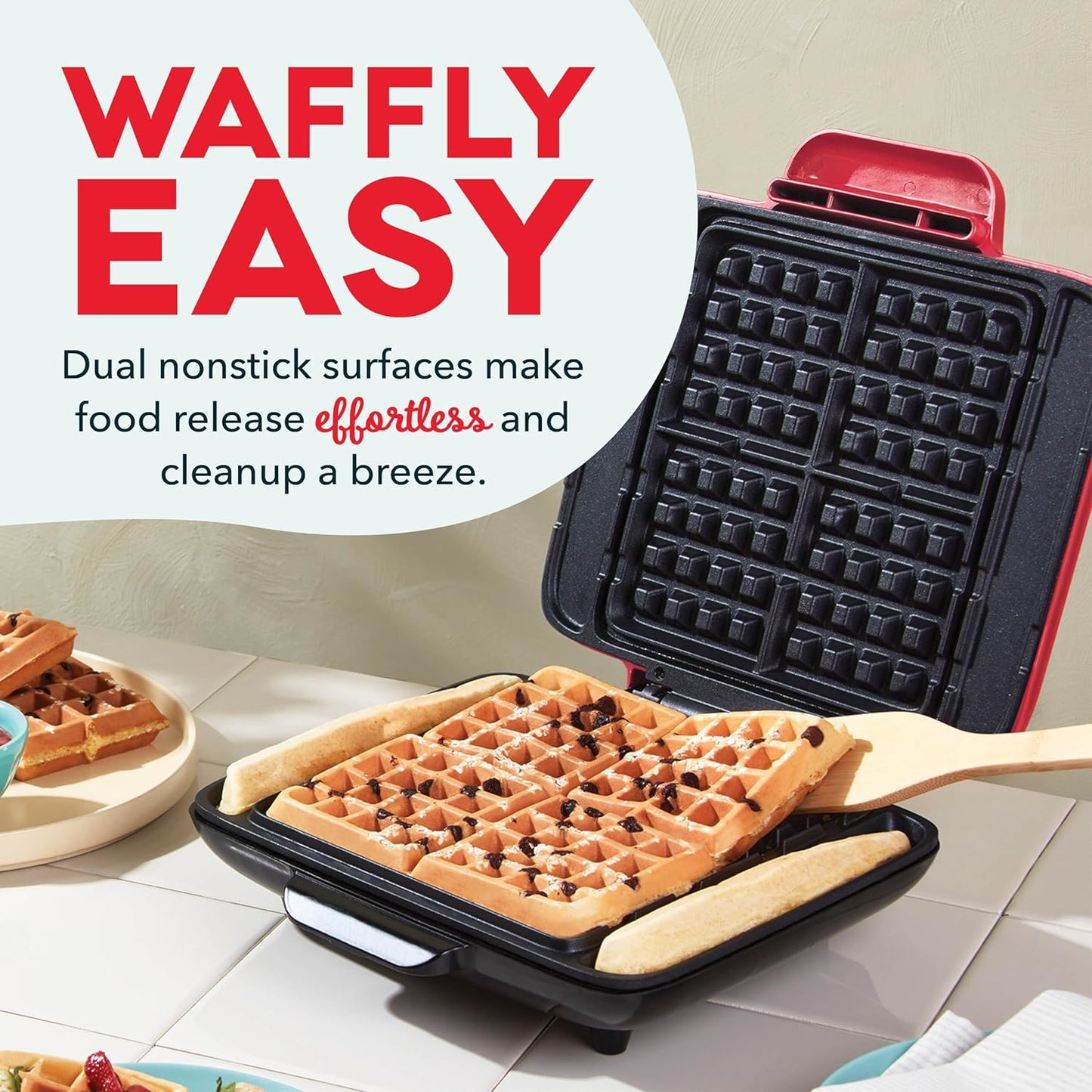 DASH No-Drip Waffle Maker - Four Waffle Molds, Nonstick Waffle Iron with Quick Heat-Up, Nonstick Surface - Perfect Waffle Maker for Kids and Families, Just Add Batter