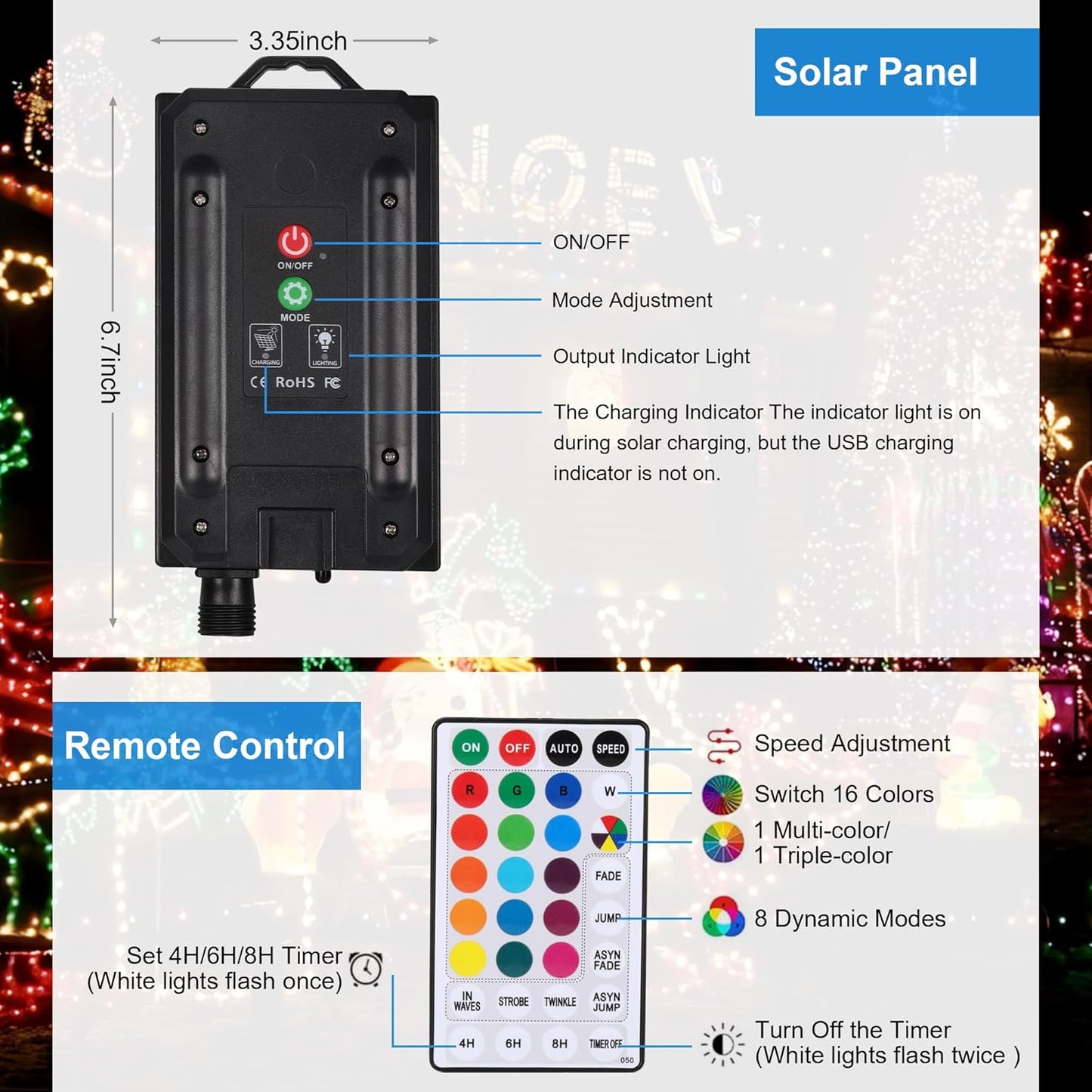 Solar String Lights Outdoor, 40Ft 16 Colors 100 LED Christmas Lights with 20 Modes Remote, Waterproof Solar Powered Bullet Lights for Garden Fence Paito Home Christmas Decorations (String Light) - PuriLite