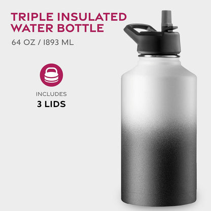 FineDine Water Bottle - Stainless Steel Insulated Water Bottle with Straw Lid, Flip Lid & Wide-Mouth Cap - Keeps Hot and Cold - 25 Oz / 739ml - Pure Pearly White