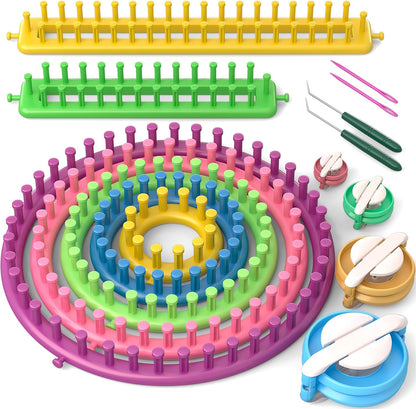 Knitting Loom Kit for Beginners with Pompom Maker – Round and Rectangular Looms for Hats, Scarves, Blankets, Shawls, and DIY Yarn Crafts (10 Pieces) - PuriLite