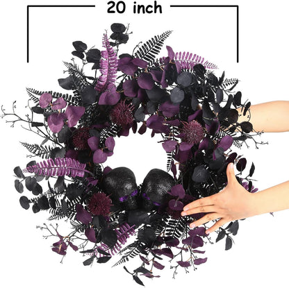BINFEN 20" Halloween Wreaths for Front Door, Black Glitter Skulls Purple Eucalyptus Leaves Halloween Horror Decor, Gothic Party Room Decoration