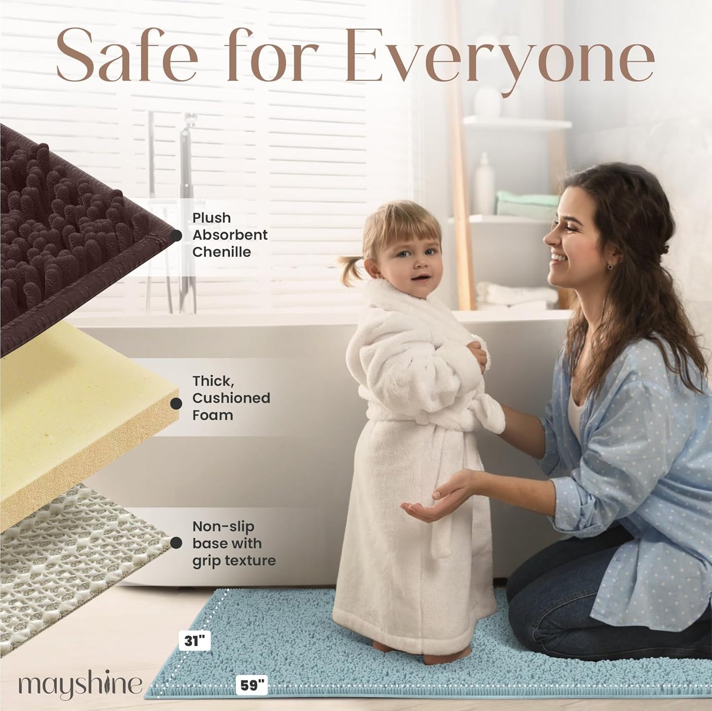 Soft Plush Chenille Bathroom Rug, Absorbent Microfiber Bath Mat, Machine Washable, Non-Slip Grip, Quick-Dry, Thick Shag Carpet Great for Bath, Shower Floor, Bedroom, or Door Mat (Beige, 17x24)