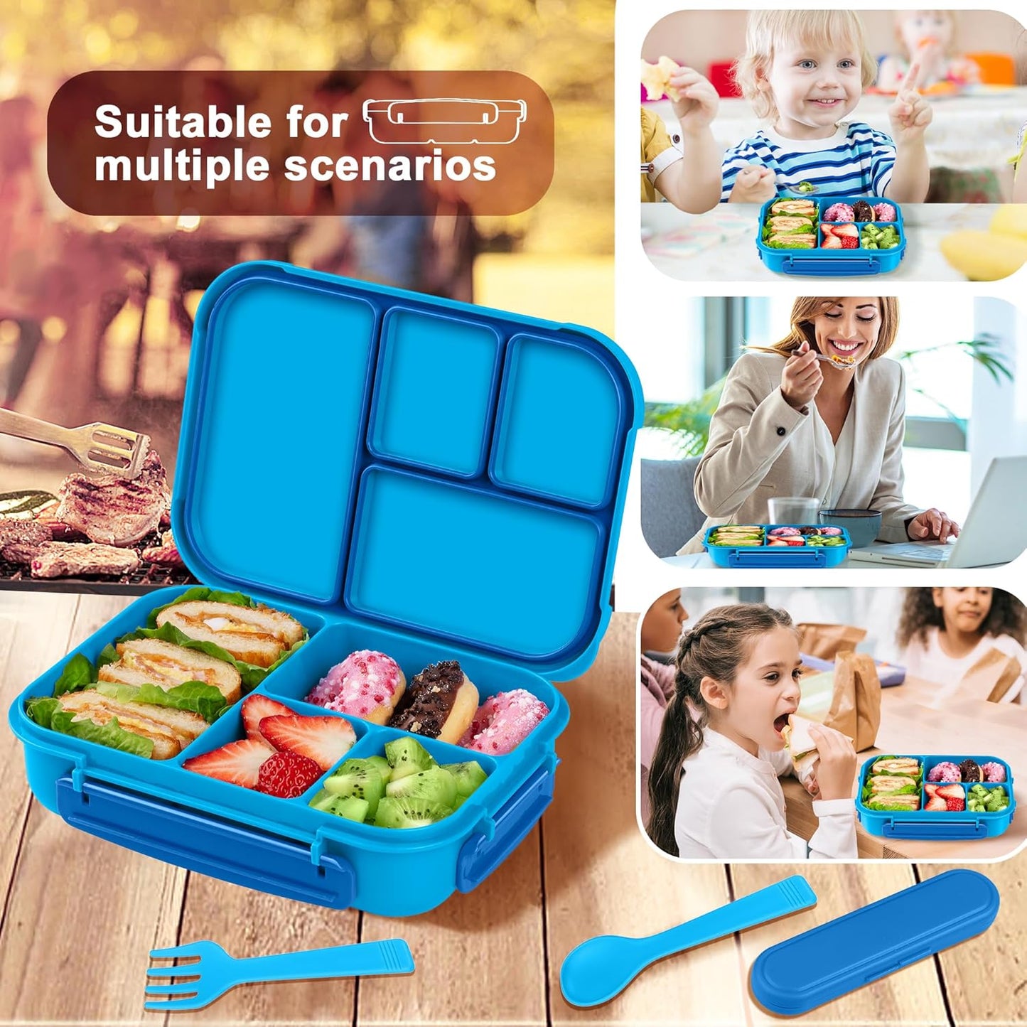 Amathley Lunch Box Kids,Bento Box Adult Lunch Box,Leakproof Lunch Containers for Adults/Kids/Toddler,1200ML-4 Compartments bento Lunch box with Utensil,Microwave & Dishwasher Safe(Dark Gray)