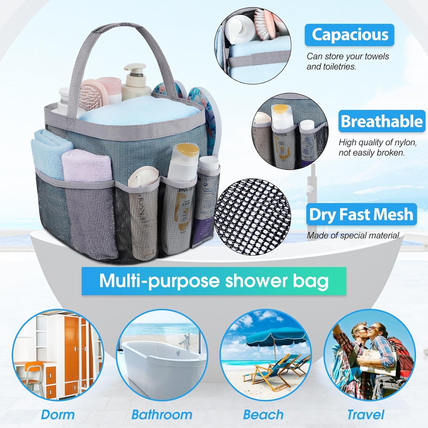 Attmu Mesh Shower Caddy Portable for College Dorm Room Essentials with 8 Pockets, Hanging Shower Caddy Basket Tote Bag Toiletry Accessories for Bathroom