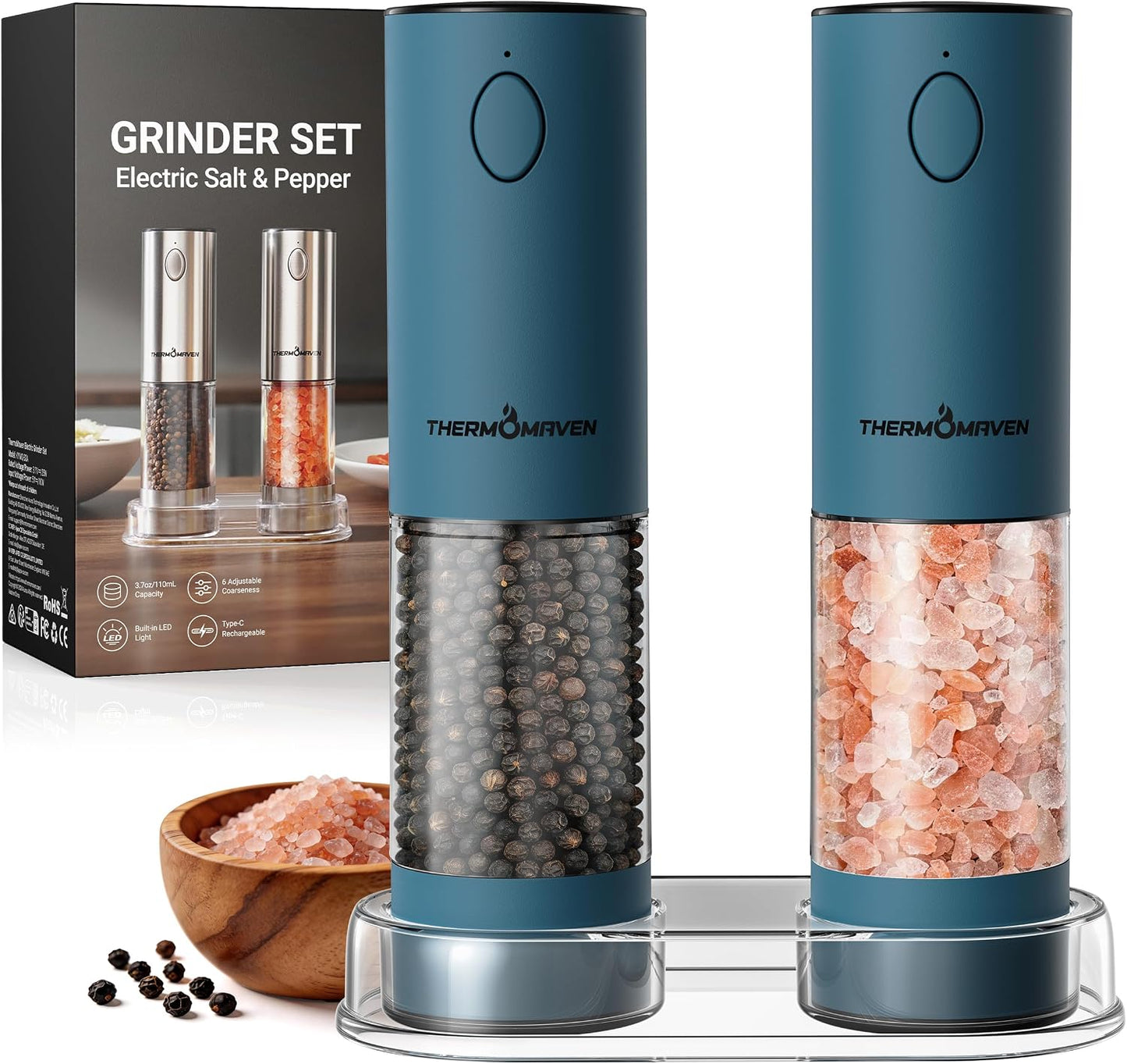 ThermoMaven Electric Salt and Pepper Grinder Set, 110ml Larger Rechargeable Automatic Salt and Pepper Mill Grinder with 6 Adjustable Coarseness, Electric Salt and Pepper Shakers, LED, 2 Packs, Silver
