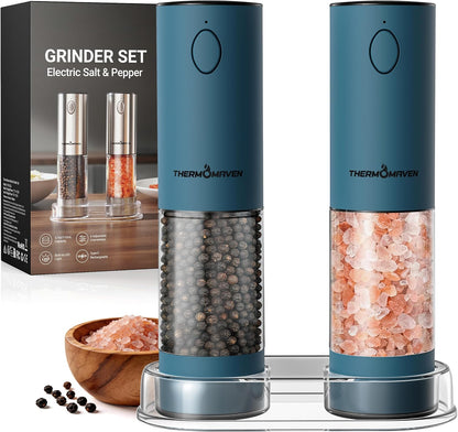 ThermoMaven Electric Salt and Pepper Grinder Set, 110ml Larger Rechargeable Automatic Salt and Pepper Mill Grinder with 6 Adjustable Coarseness, Electric Salt and Pepper Shakers, LED, 2 Packs, Silver