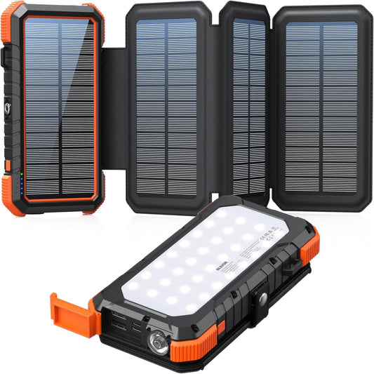 BLAVOR Solar Charger Power Bank, PD 18W Fast Charging 20000mAh Battery Pack with 4 Foldable Panels, Portable Solar Panel Charger with Camping Flashlight Compass Carabiner for All Cell Phone
