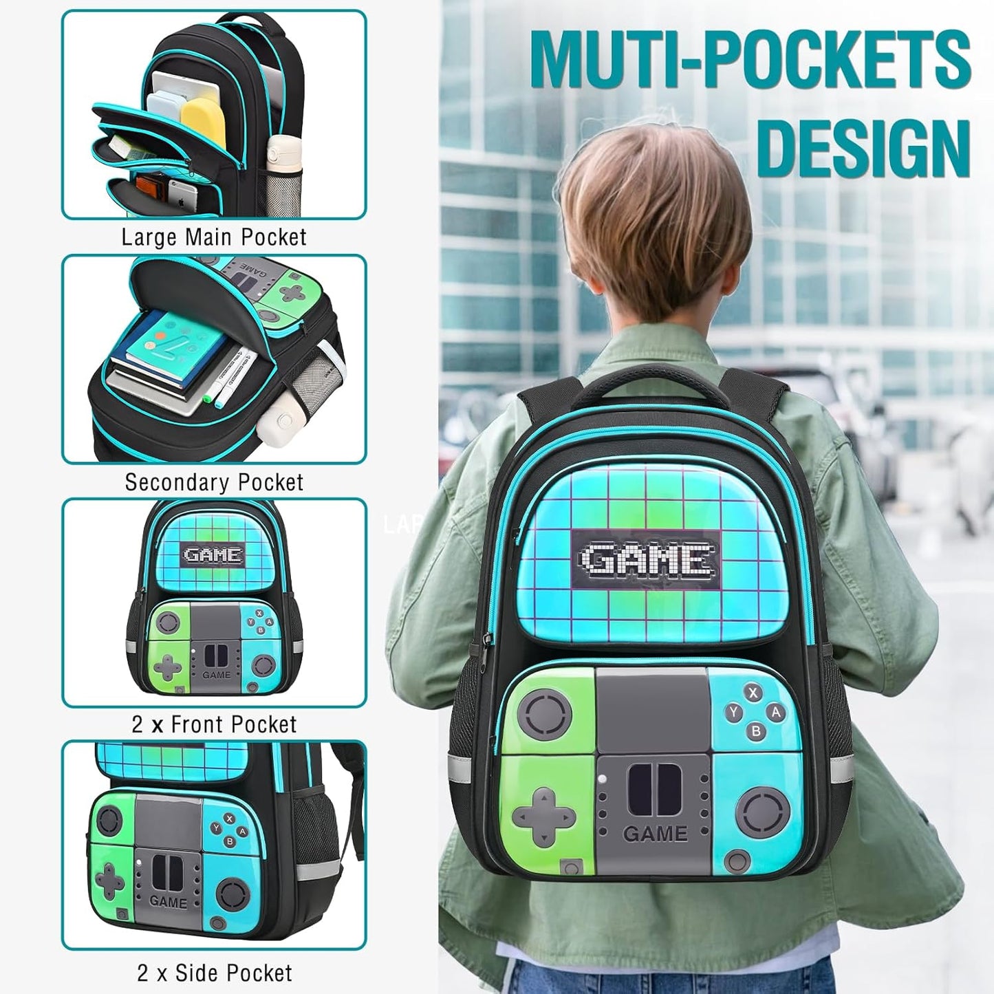School Backpack for Boys,Gamer Kids Backpack for Elementary Middle School Student Age 6-14,17″ Video Game Bookbag for Laptop