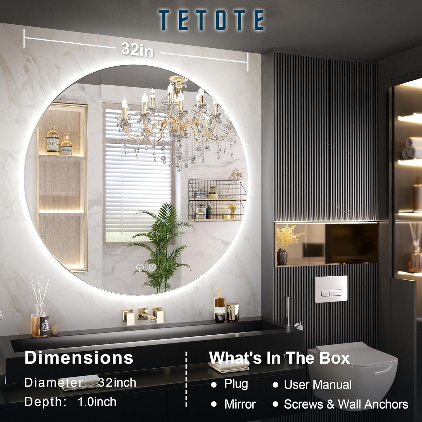 TETOTE 28 Inch Round LED Bathroom Vanity Mirror, Anti-Fog Dimmable Lights IP54 Waterproof Circle Makeup Wall Mounted Mirror