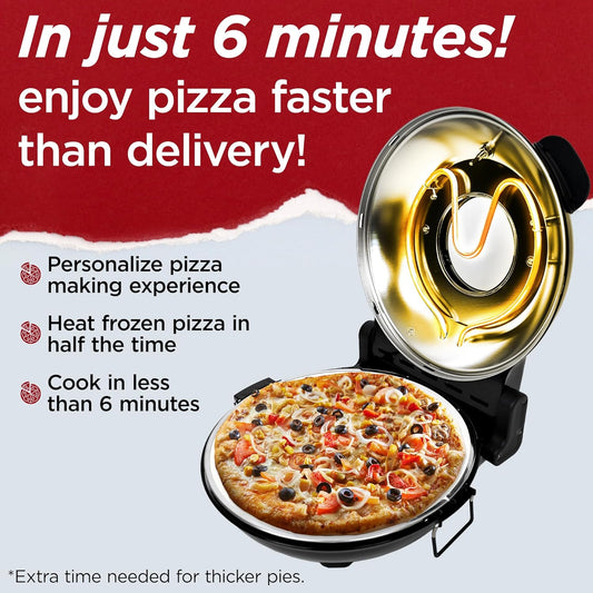 CULINARY CHEF Electric Pizza Oven with Ceramic Stone, Viewing Window, Adjustable Heat Control, Timer and 1200W Baking Power, DIY Homemade Pizzeria, Large 12” Pie Capacity (Red) - PuriLite