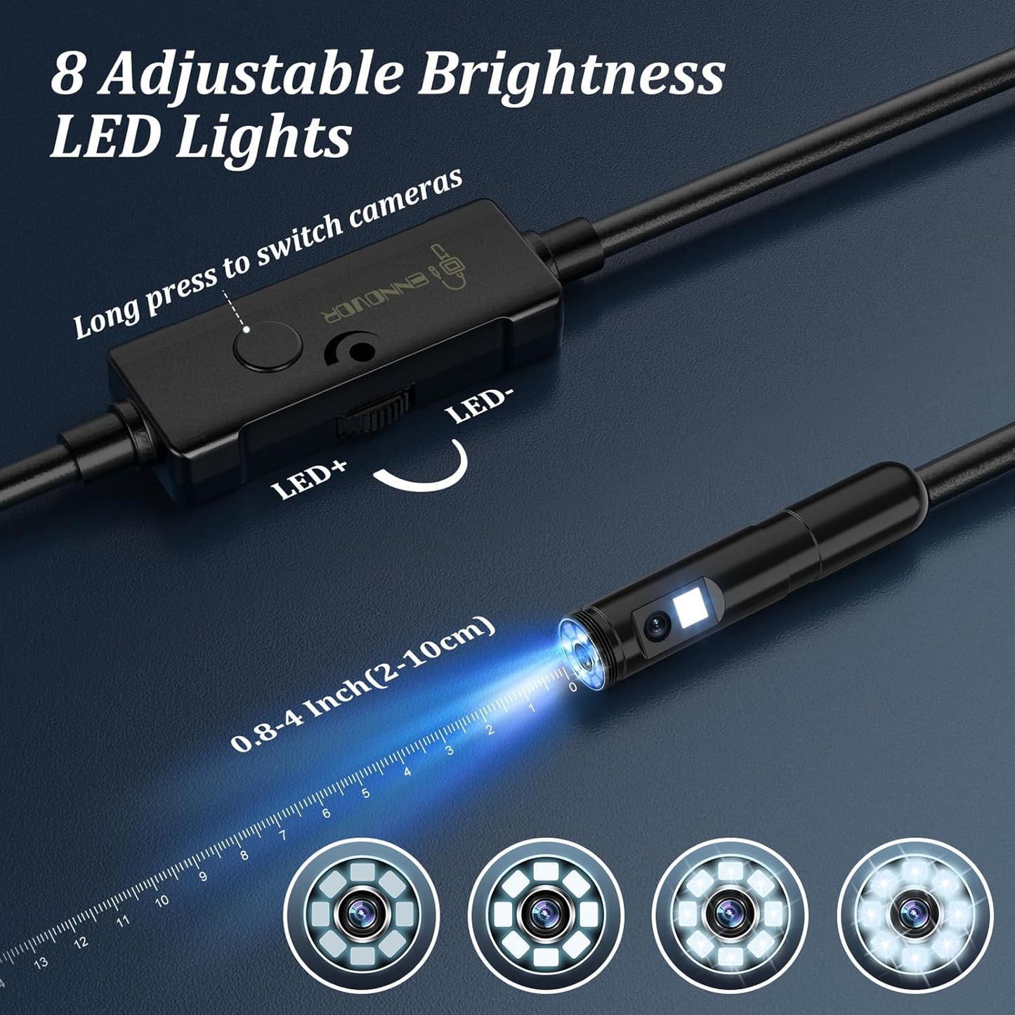 Endoscope Camera with Light, Ennovor 1920P HD, Endoscope Inspection with 8 Adjustable LED Lights, Borescope with Flexible Rigid Snake Camera, IP67 Waterproof and No WiFi Required, for Android iOS