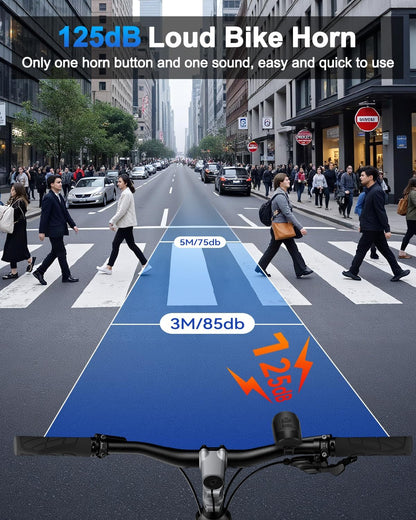 EQIIO Electric Bike Horn 125dB, USB Rechargeable Bicycle Horn Fits 22.2-31.8mm Handlebars, IPX5 Waterproof Bike Bell for Adults/Kids Bike, Scooter, Ebike, Easy Install & Compact Design